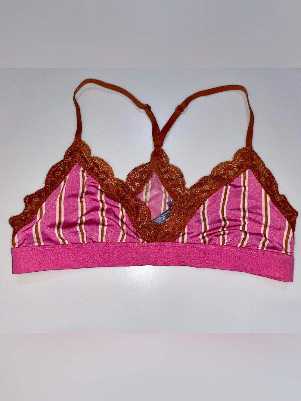aerie Pink Striped Bralette with Rust Lace Trim